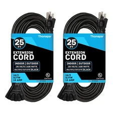 3 Outlets Outdoor Extension Cord 25 ft, 2 Pack, 16/3 SJTW Black Extension Cor...