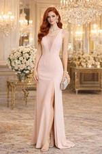 300 Adrianna Papell Stretch Jersey Pink Beaded Lace Bridesmaid Blush Gown sz 6