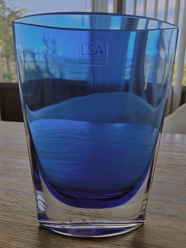 LSA International Cobalt Blue Art Glass Vase Modern Angular Poland 8.5" x 6"