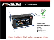 AGM Battery fits PORSCHE CAYENNE 2003 on Stop Start 020 AGM 950A 105Ah Powerline