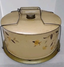 Vintage DECOWARE Midcentury Tin Metal Cake Keeper Carrier w/Leaves 1950's