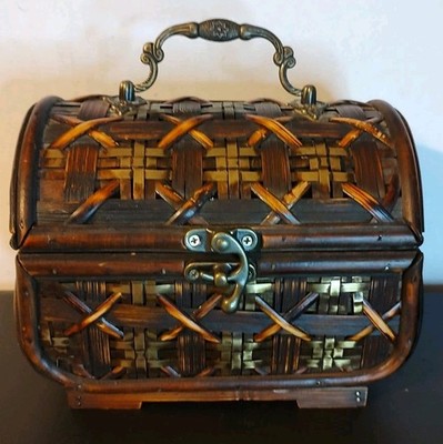 Vintage Style Woven Wood Wooden Metal Trinket Jewelry Box Basket Home Decor