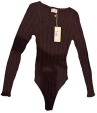 NWT Wmns ALLIE ROSE Brown Ribbed Knit Fitted Sweater Bodysuit Snaps Sz L MSRP$88