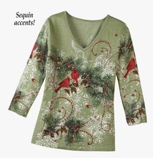 Collection ETC Winter Holiday Festive Top-Cardinals, Snow, Pine Tree Size Large