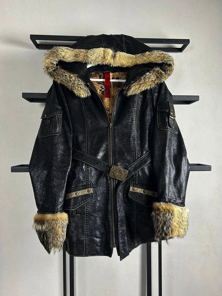 VTG Japanese Hysteric Style Coat Jacket With Belt Real Leather Real Fur 90s y2K - image 3 of 4
