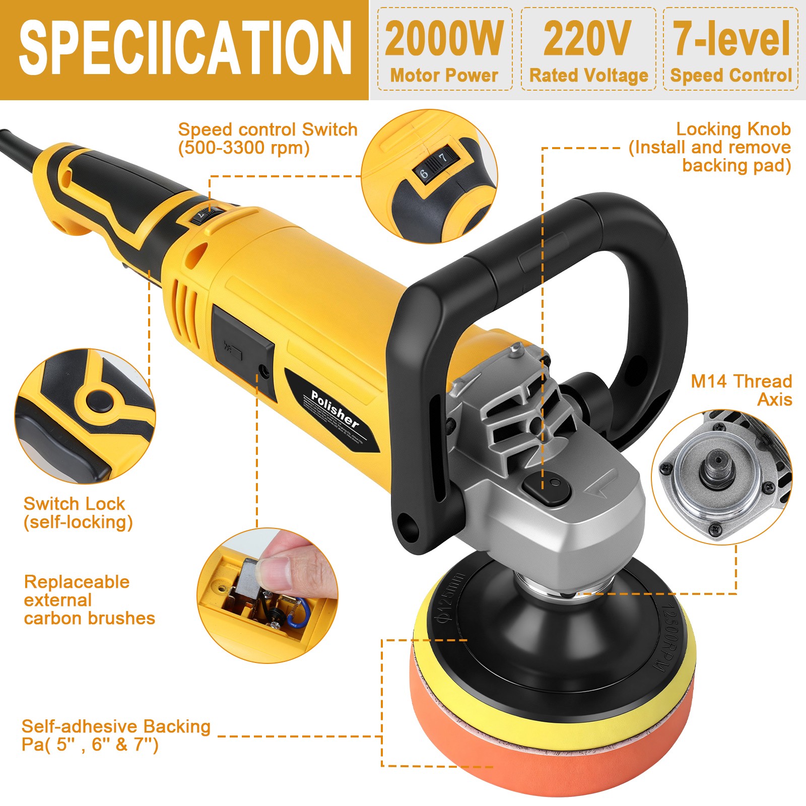 Electric Car Polisher Buffer Sander Waxer Kit Variable 7-Speed 7" 2000W W/ Pads - Thumbnail 6
