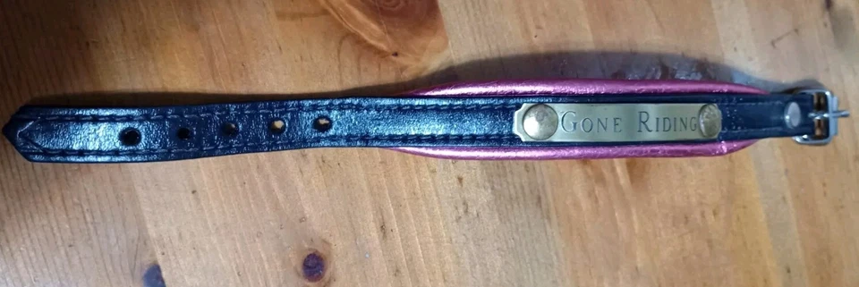 Pulsera de cuero negro y rosa con placa de latón grabada, 'Gone Riding' Foto 2 de 4