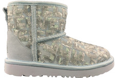 UGG KIDS CLASSIC MINI BOOT BLUE SUEDE WITH SILVER FEEL LOVE SEQUINS US 13K