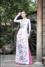 Ao Dai Vietnamese Silk, Modern Round Neck, Designer Long Dress With Pants. L