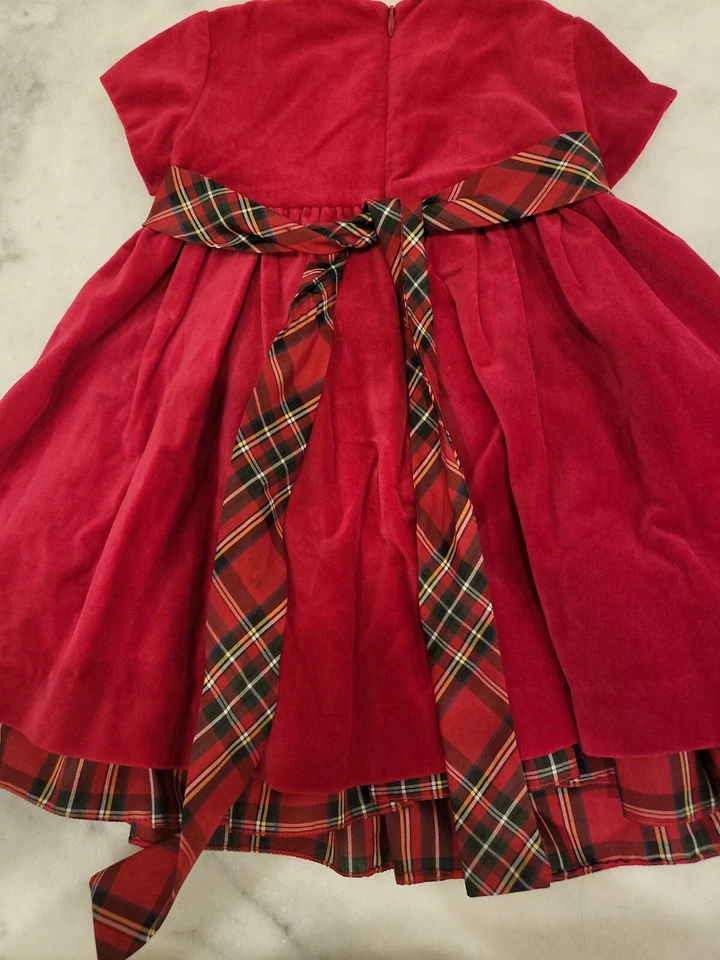 Plum Pudding RED Velvet Portrait Holiday Dress 12 MO Boutique PLAID DETAIL FLOWE - Image 4 of 4