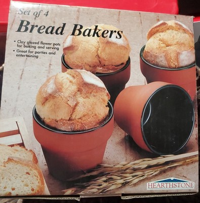Hearthstone Set of 4 Bread Bakers Clay Glazed Flower Pots for Baking and Serving