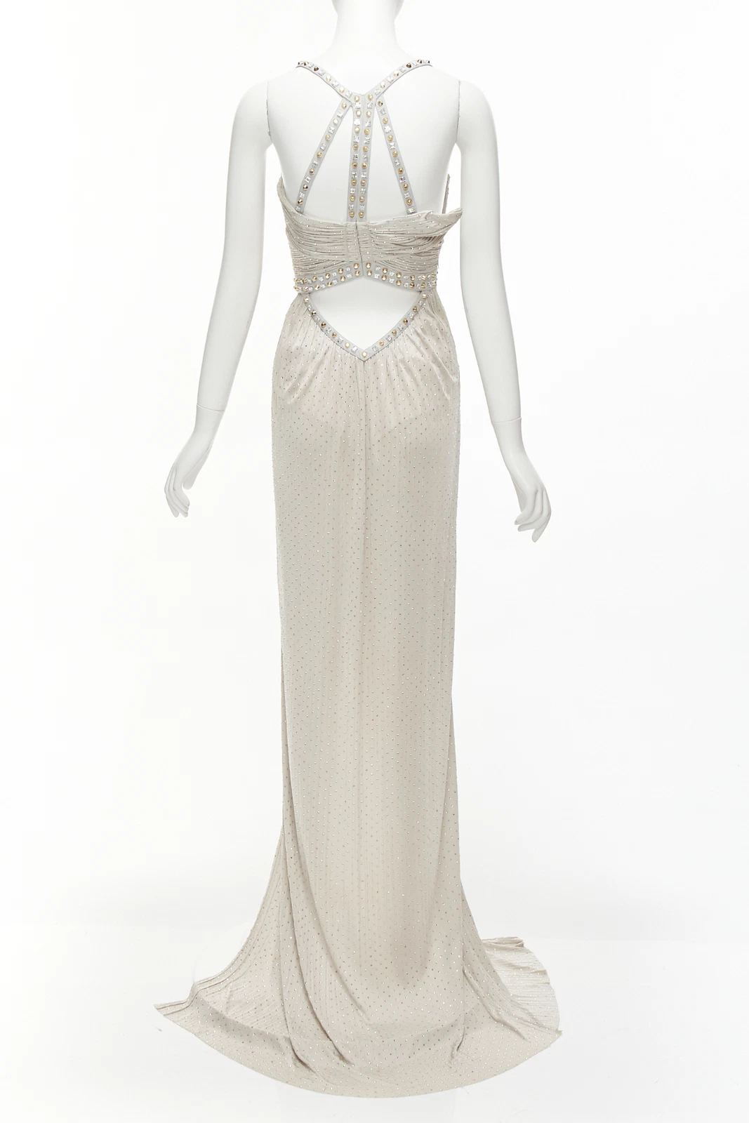 raro abito VERSACE 2011 Runway grigio cristallo impreziosito borchiato imbracatura IT38 XS