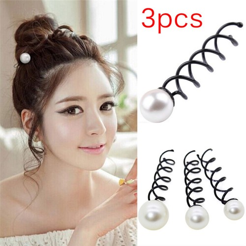 3PCS Pearl Black Spiral Spin Screw Bobby Pin Hair Clips Lady Twist Barrette 3..x - Picture 1 of 12