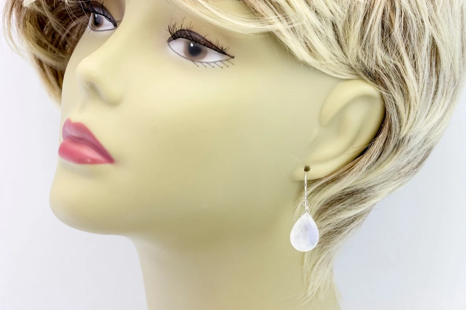 Pendientes de piedra lunar facetados grandes lágrimas gotas de oro amarillo macizo de 14 k Foto 3 de 4