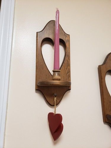 Pair of Vintage WOODEN HEART SCONCES Candle Wall Hangings 15" W/2 Hanging Hearts - Picture 15 of 21