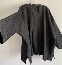 Eskandar Black Silk Textured Long Sleeves Jacket Overshirt Shrug Duster Onesize