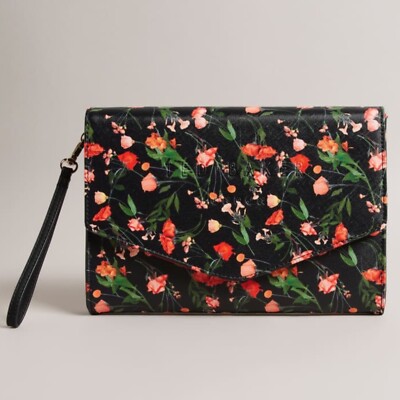 TED BAKER Floral Print Envelope Clutch Bag Black Red Roses Wrist Handle  WomenBag