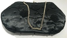 Vintage Black Beaded w/Black Beaded Rose Kiss Lock Purse Gimbels Japan