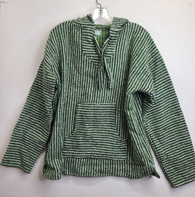 Artesanias Sanfe Mexican Pullover Hoodie Drug Rug Green White Black Knit Sz L