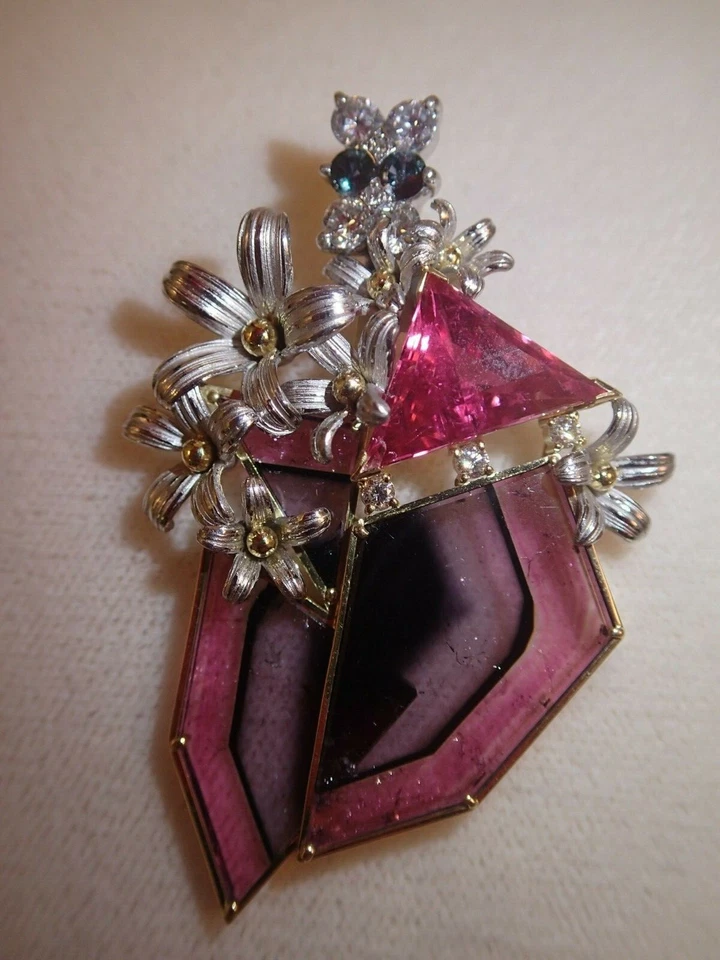 Big Platinum/18K YG 21.4CT diamond, watermelon & pink tourmaline flower pendant - Image 3 of 4