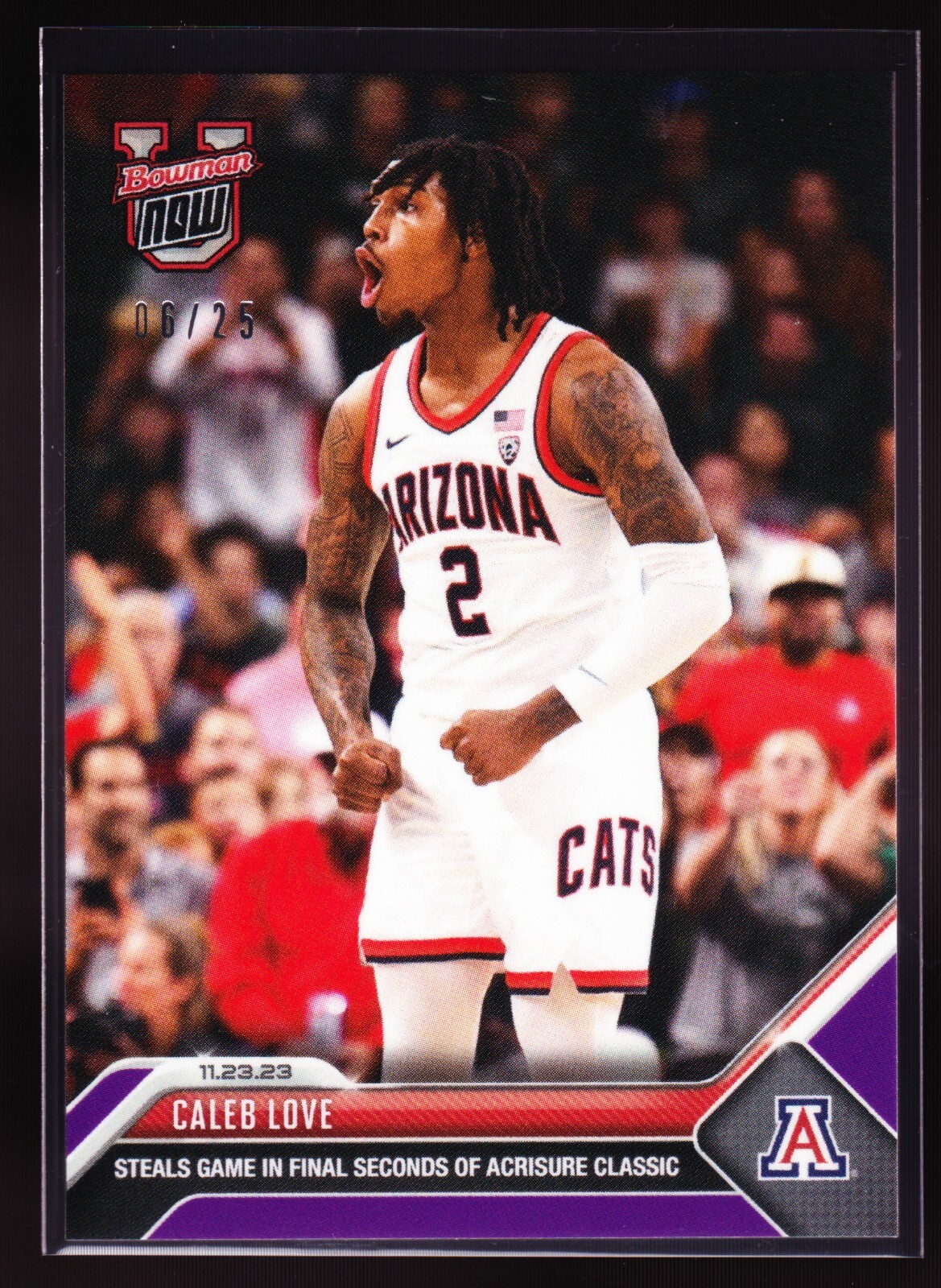 Caleb Love Arizona Cats Beat Michigan State 2023 Bowman U Now #8 Purple 06/25