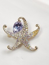 Dancing Starfish Brooch Pin Gold Tone Amethyst Iridescent Rhinestones Jewelry
