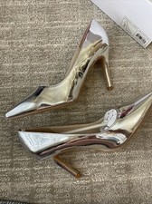 METALLIC SILVER Dress Shoes Sz 6.5 M Slip On 3.5'' Heels Pumps H by HALSTON New
