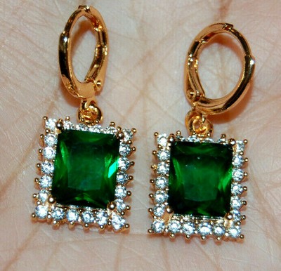 10K Yellow Gold Filled Earrings Hooks Huggies Hoops CZ Green Emerald Gemstones