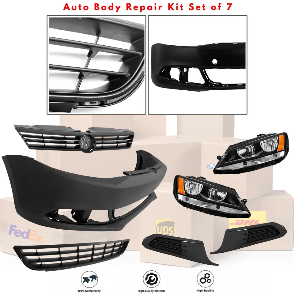 Front Bumper Cover Paintable & Headlights Kit For 2011-2014 Volkswagen Jetta Foto 2 de 4