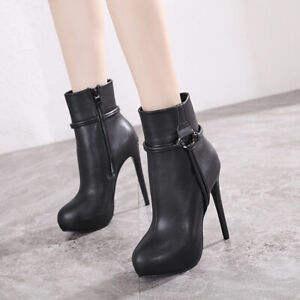 Womens Round Toe Platform High Heel Ankle Boots Side Zip Party Pump Winter Shoes 