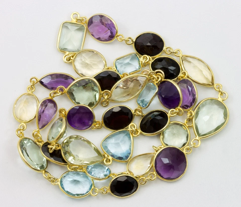 Collar Múltiples Piedras Preciosas Bisel Grande Granate Topacio 14k Vermeil Oro Amarillo 24 " Foto 2 de 3