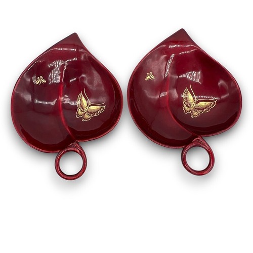 Japanese Lacquer Metal Heart Leaf Trinket Dishes Deep Red Gold Butterflies x2 - Picture 3 of 16
