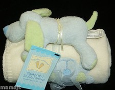 Blankets and Beyond Cream Baby Blanket Blue Green Puppy Dog Toy Plush NEW
