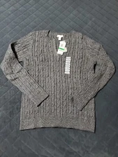 NWT Metallic Silver/Gray Cable Knit Sweater L Womens V-Neck Charter Club Party