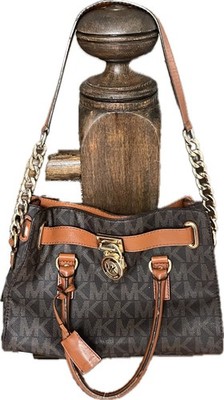Michael Kors Hamilton Signature Satchel Brown MK Logo Gold Hardware Leather Trim