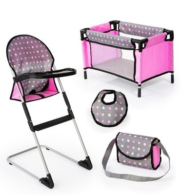 Bayer: Doll High Chair/Crib Set, Grey, Pink with Dots New