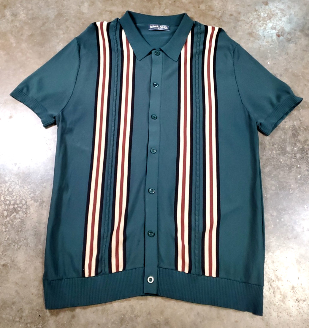 PJ Paul Jones Retro Vintage Style Knit Green w/Brown Blk Stripe Shirt Men XL