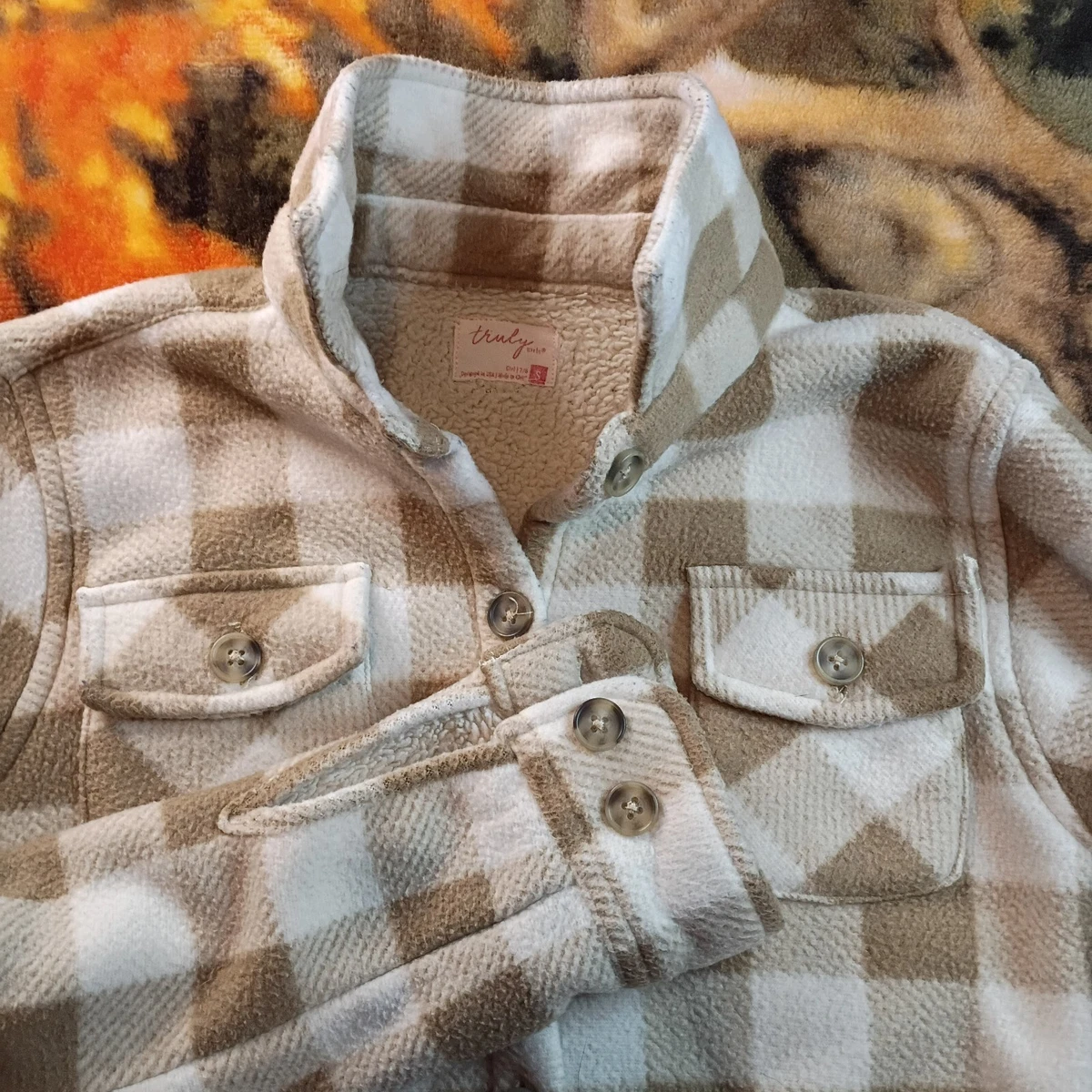 Truly Girls Girls Beige Plaid Sherpa-Lined Button-Up Jacket Size 7/8