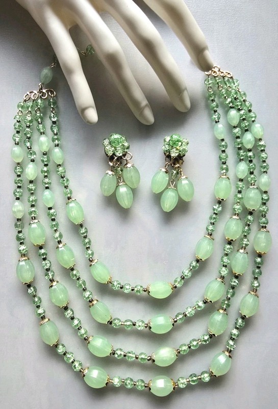 Vtg W. Germany 4 Strand Beaded Necklace & Cluster Earrings Glass Lucite Beads