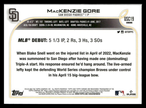 2022 Topps Update #US294 MacKenzie Gore Purple - Picture 2 of 2