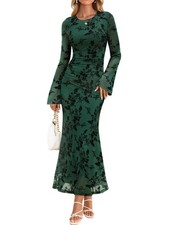 Women's Long Sleeve Floral Bodycon Dress 2026 Spring Fall Ruched Mesh Wedding