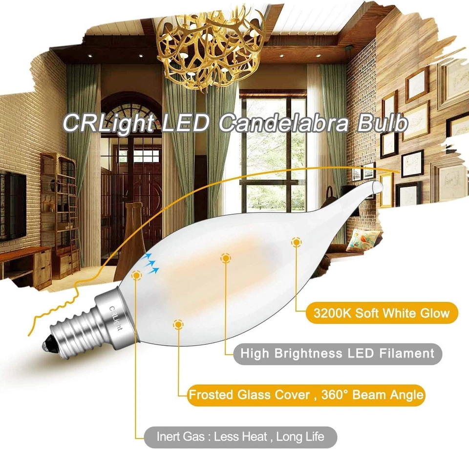 6W Dimmable LED Candelabra Bulb 65W Equivalent 650LM, 3200K Soft White E12 LED L - Image 4 of 4