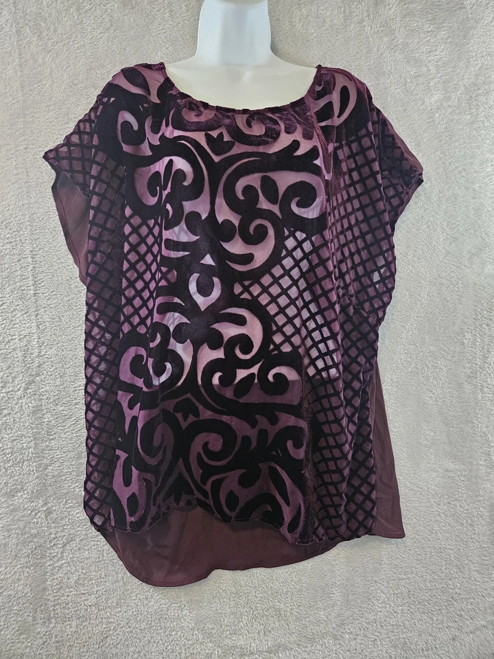 Blusa Lane Bryant Top Mujer 22/24 Púrpura Negra Terciopelo Burnout Túnica Transparente Boho Foto 3 de 4
