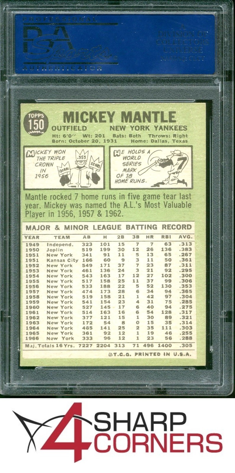 1967 TOPPS #150 MICKEY MANTLE YANKEES HOF PSA 6 view 2