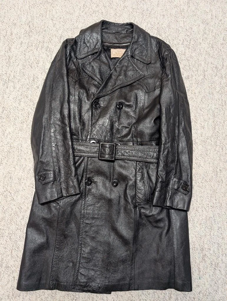 1970s vintage TRENCH COAT leather 38 double breasted BELTED black SHERLOCK image 11
