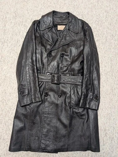 1970s vintage TRENCH COAT leather 38 double breasted BELTED black SHERLOCK image 11