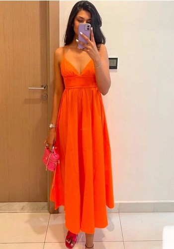 ZARA NEW WOMAN MIDI FLOWING HALTER DRESS Orange Colour Size L 3093/796