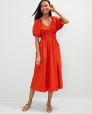 NEW ANN TAYLOR $169 RED PEPPER SMOCKED PUFF SLEEVE MIDI DRESS SZ 2