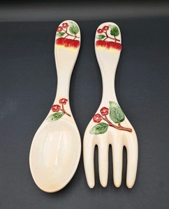 Vintage Large Ceramic Spoon and Fork Kitchen Wall Decor Hand Painted Apple Motif