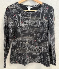 Christopher & Banks Winter Snowman Scene Long Sleeve Top Sz P/S Black White